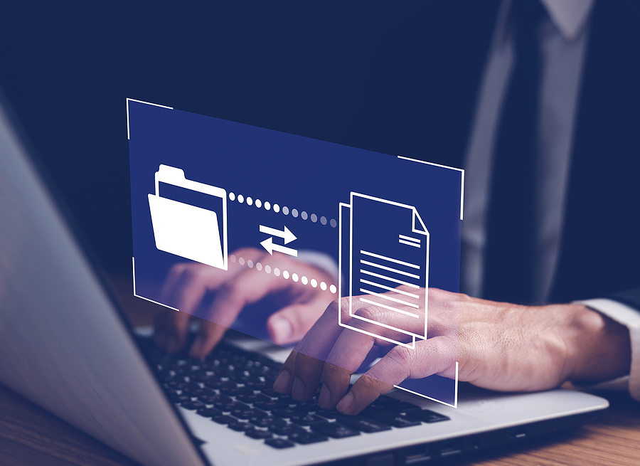 File Transfer Protocol files receiver and computer backup copy. File sharing isometric. Digital system for transferring documents and files online.Data Transfer concept. digitize files today with Omaha scanning